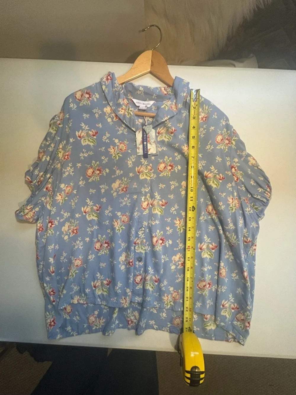 April Cornell Blue Floral Print Petra Short Sleeve Blouse Summer Top Size Large - Picture 13 of 14